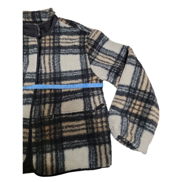 Sanctuary Toffee Plaid Faux Fur Jacket Long Sleeves Front Pockets Zipper Womens - Picture 8 of 8
